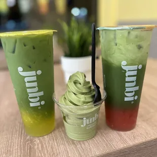 L2R: Cold Mango Matcha w/ Milk, Matcha ice cream, Cold Strawberry Matcha w/ Milk