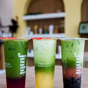 Yuzu Dragon Fruit Matcha, Mango Matcha, Strawberry Matcha with boba