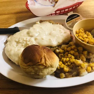Chicken Fried Steak, Creamed (mashed) Potatoes, Corn and Roll.
