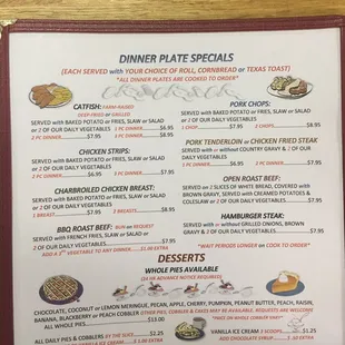 a menu for dinner specials