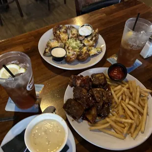 Cup of clam chowder/ rib tips &amp; fries/ Crisp Potato Skins