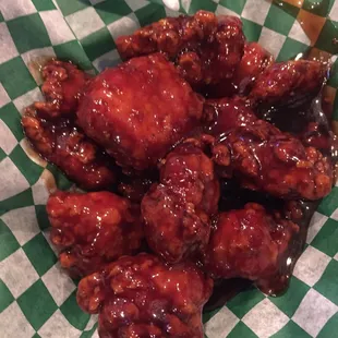 Boneless bourbon wings. Very saucy.