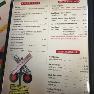 Appetizers, soups, salads, hamburgers