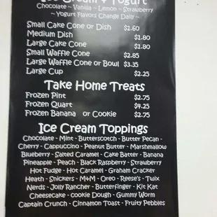 a menu for ice cream and yogurt