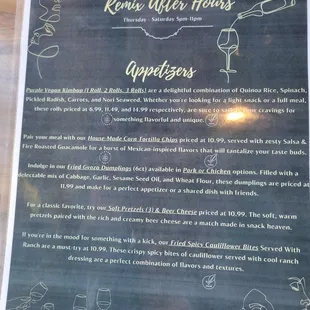 Appertizers- dinner menu