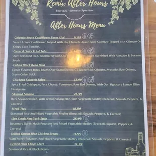 Dinner menu