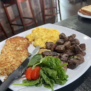 Steak tips  and eggs