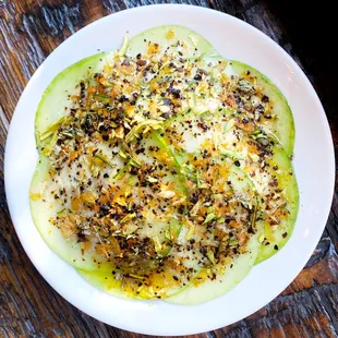 Avocado Squash with Urfa pepper and mussels escabeche