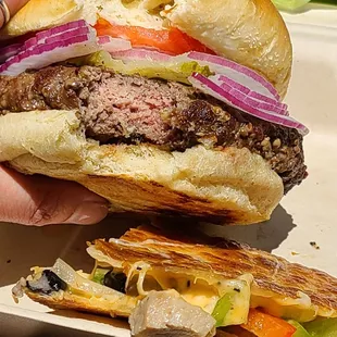Grass fed burger and carnitas quesedilla
