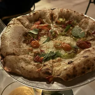 Delicious vegetarian squash blossom pizza (garlicky with sweet tomatoes and fresh herbs) AMAZING!