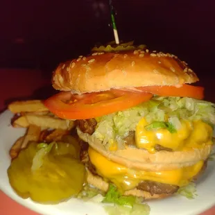 a cheeseburger and fries