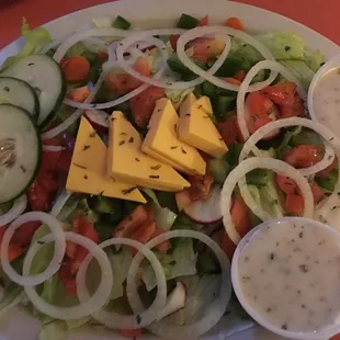 This is the Large Tossed Salad made by the cook Jeff. It was delicious. That is Creamy Italian dressing there on the side.