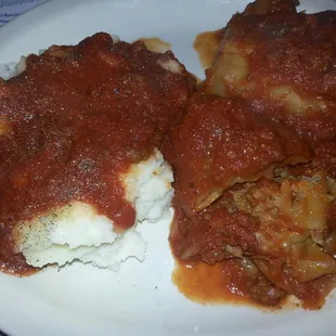 Stuffed cabbage,  Mashed potatoes, Green beans and Italian bread. Great dinner after a long day and I didn't have to cook.