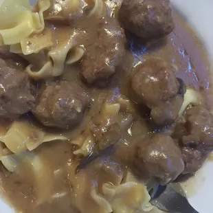 Swedish meatballs over noodles w/ salad $8.95 is today's special as well as stuffed pork chops, scalloped potatoes, and vegetable.