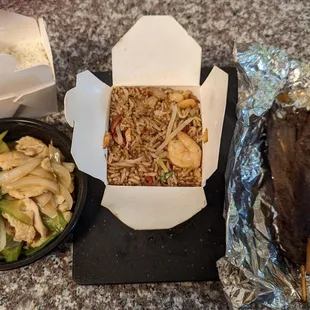 a meal in a takeout box