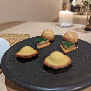 Citrus Madeleine. Aged Cheddar, Sake, Peanuts. Milk Chocolate &amp; Buckwheat Chouquette