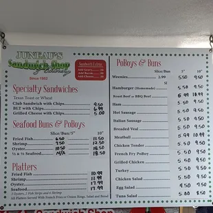 menu and prices