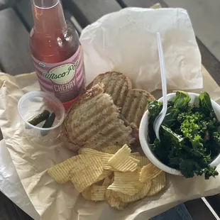 Bacon, cheddar, fig panini (served with chips and pickle), ordered a Kale side salad, &amp; wisco pop