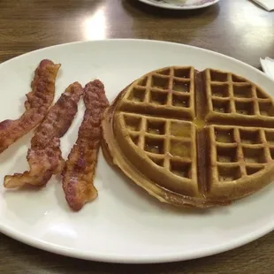 My Belgium Waffle, slathered with melted butter - opted out of powdered sugar with a side of bacon. Delicious! $3.50