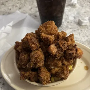 Chicken bowl... tons of chicken on top of mashed potatoes, gravy and corn. Absolutely delicious
