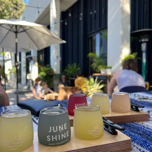 a variety of drinks on a tray