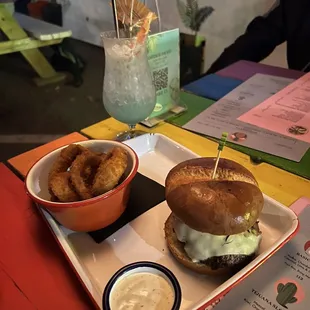 Burger and onion rings