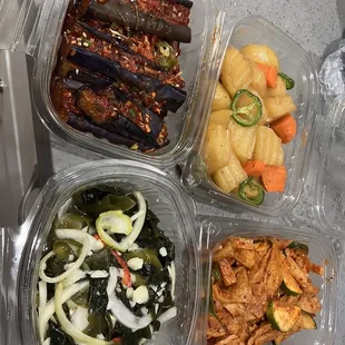 Eggplant, potatoes with jalapeño and carrots, spicy fish cake, seaweed mix