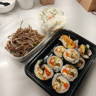 Kimbap, potato stems, potato salad