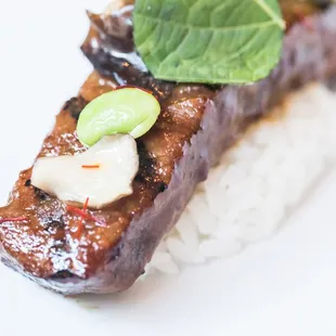 Wagyu Galbi (): American Wagyu Short Rib Marinated And Charcoal Finished Over Seasoned Rice With Ggakdugi (Korean Radish Kimchi), M