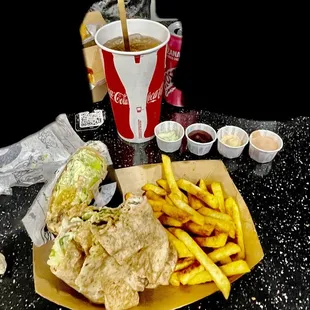 Burrito Burger (a &quot;Burgerrito&quot;, if you will), fountain drink &amp; 4 different small sauce cups of the 8 different options.