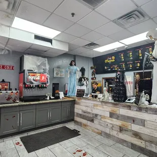 Inside, decorated for Halloween