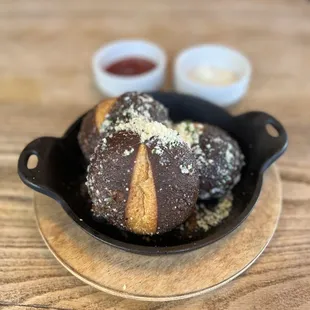 TRUFFLE PRETZEL ROLLS  parmesan, chives, truffle aioli