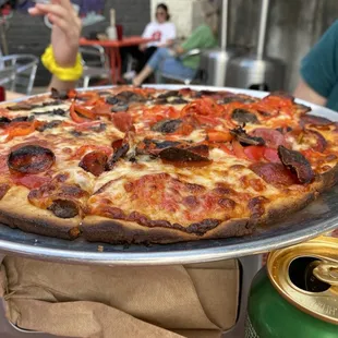 Cauliflower crust with pepperoni, red peppers and mushrooms