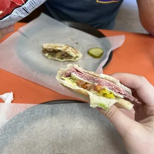 a person holding a sandwich