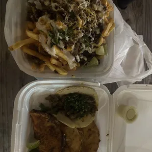 Steak fries, birria tacos, asada taco
