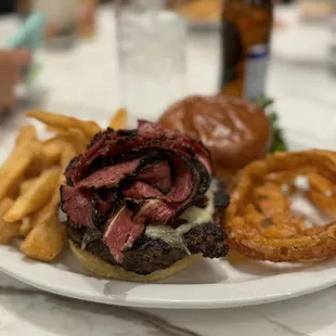 Pastrami Swiss Steak Burger with Onion Rings and Fries