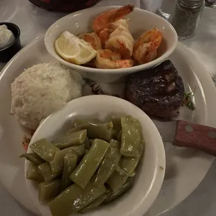 4oz Filet with Shrimp Scampi, garlic mashed potatoes &amp; green beans