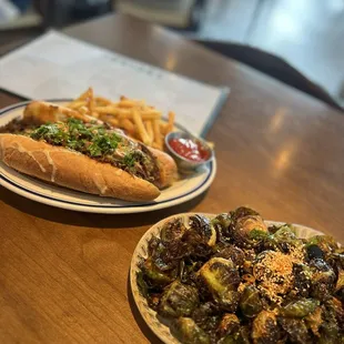 Korean [cheeseless] cheesesteak-$15 and Brussels sprouts-$9