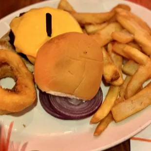 Cheeseburger with Fries &amp; Onion Rings