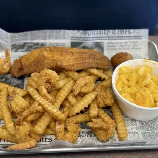 Fried catfish and shrimp platter with two sides- fries and Mac and cheese