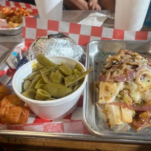 Stuffed fish with green beans and baked potato