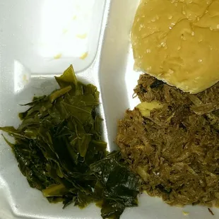 The Greenfield Farmers market brisket sandwich with one side, greens.