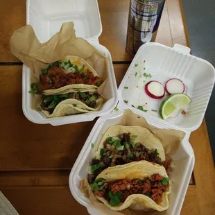 2 steak tacos, 1 al pastor, 1 chorizo