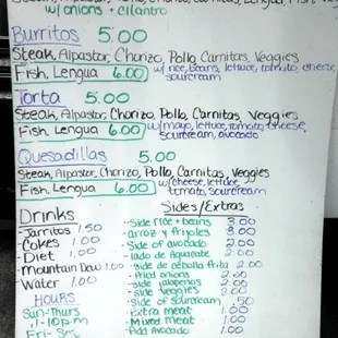 Menu for junior's tacos (as of August 8, 2012)