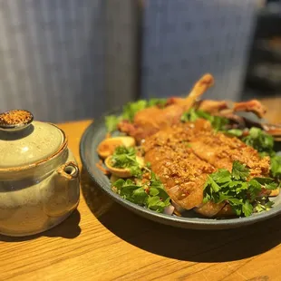 Whole duck, ramen broth, buckwheat noodles, garlic crunch, soy egg, and veggies- I&apos;m uncomfortably happy.