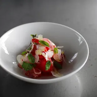 Watermelon, Pecorino, Shallot, Mint photographed by @damoneats