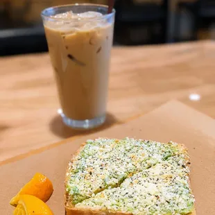 Avocado toast and iced vanilla oat latte