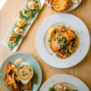 Deviled eggs, crabcake sandwich, salmon. Lemon Terragon stuffed chicken, crab artichoke dip with toasted naan points