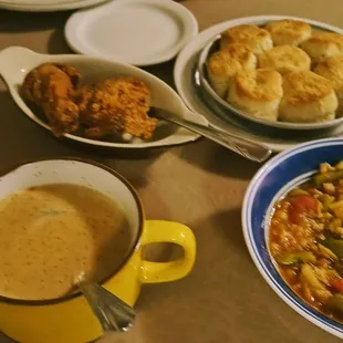 Our spread- Nashville hot, kid's chicken, okra casserole, gravy, riced pertaters and biscuits! Dang