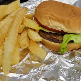 Cheeseburger and crinkle cut fries